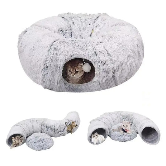 CozyTunnel Duo – Anti-Anxiety Plush Cat Bed with Tunnel for Comfort & Play